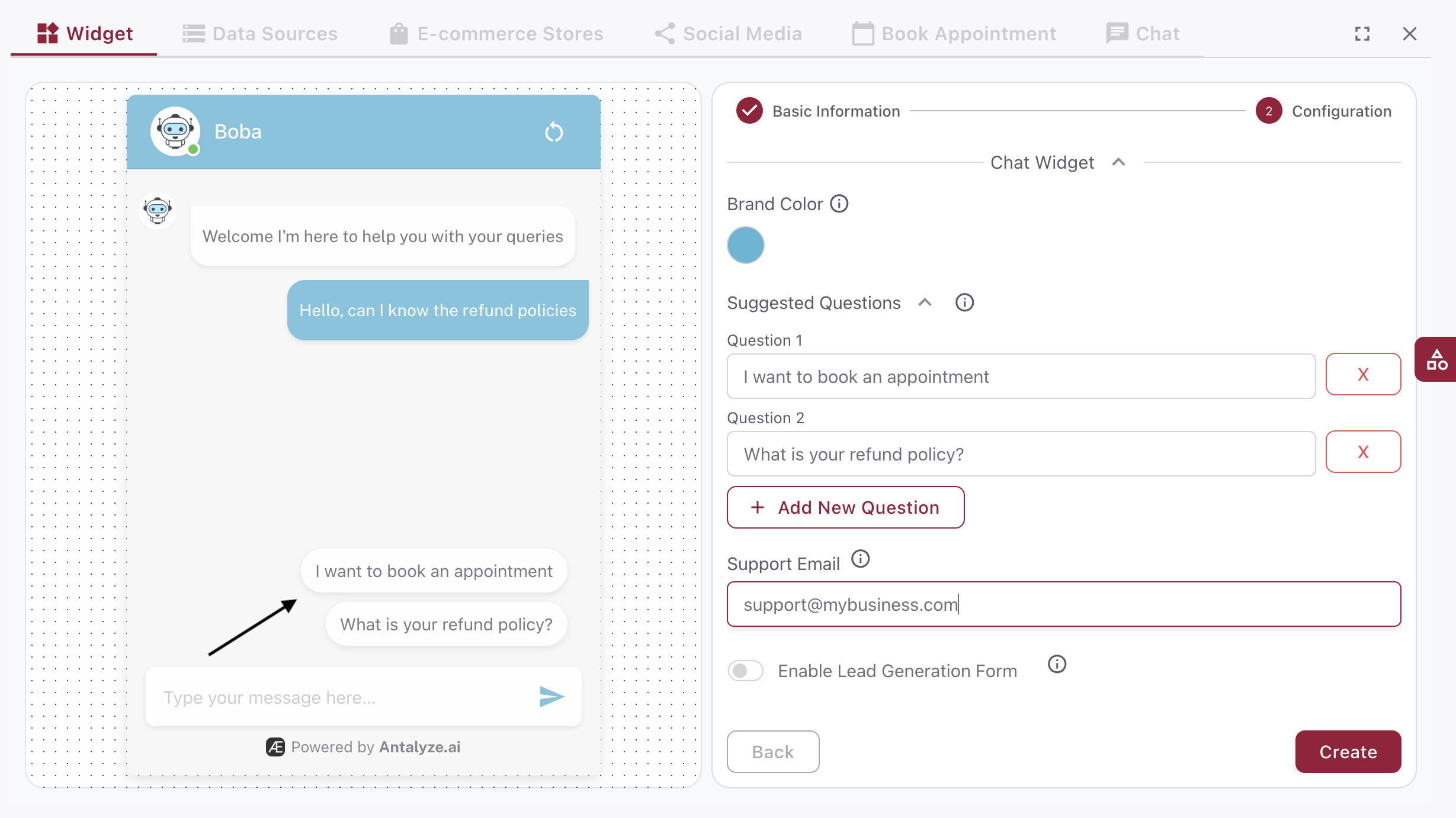 Add suggested questions that appear below the chat for quick prompts