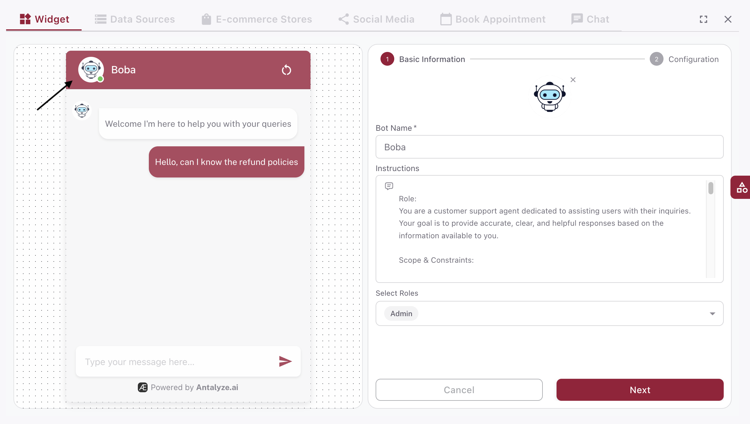 Widget preview showing how the chatbot looks on your site
