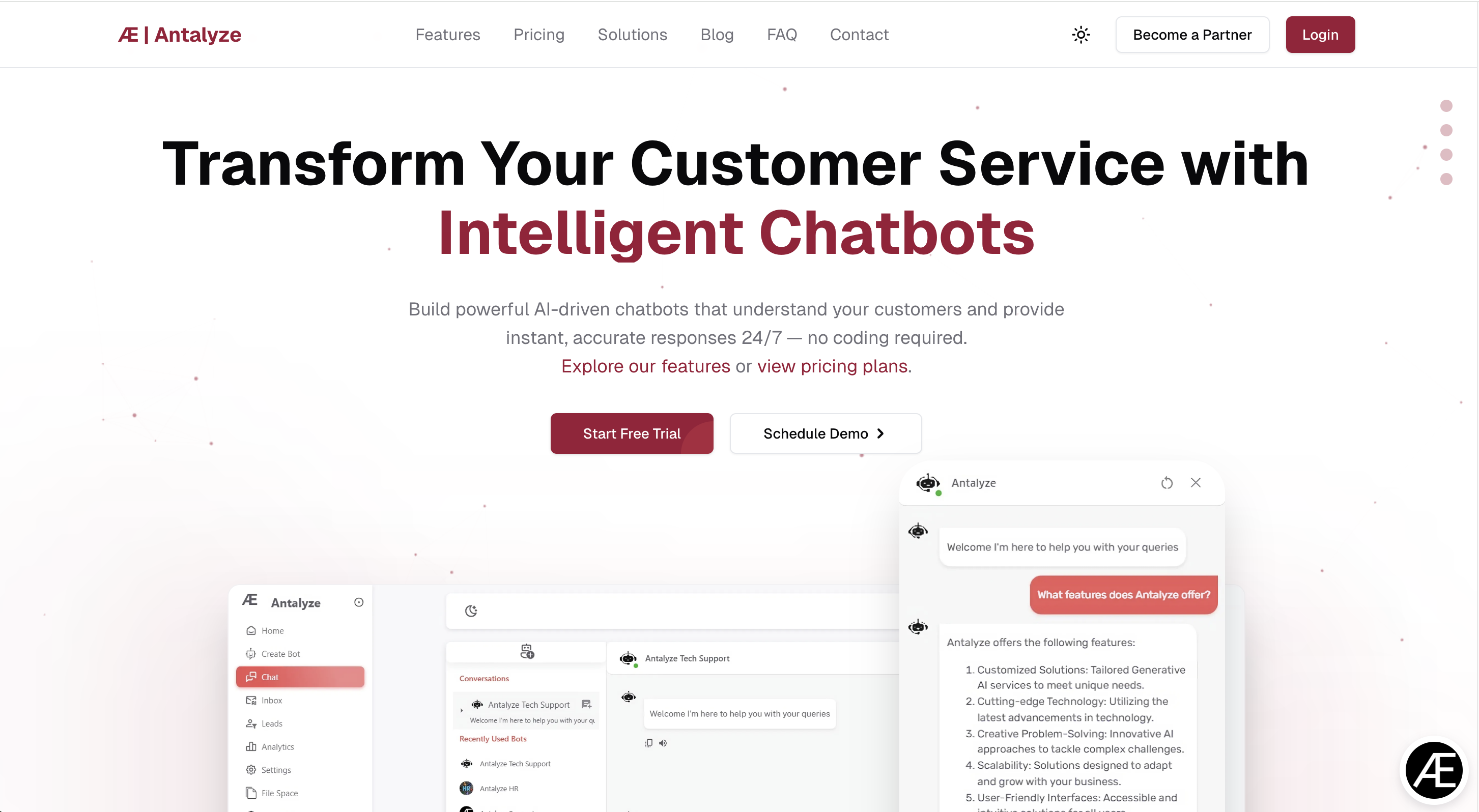 Antalyze website landing page with Login button on the top-right